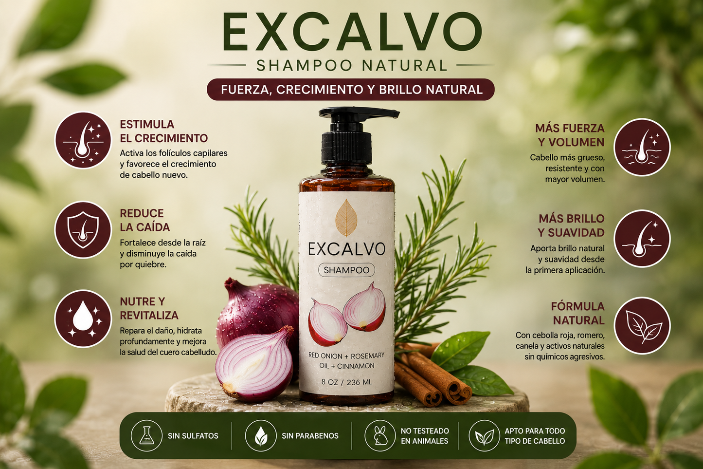EXCALVO™ Shampoo Natural — Fortalece, Reduce la Caída y Revitaliza tu Cabello